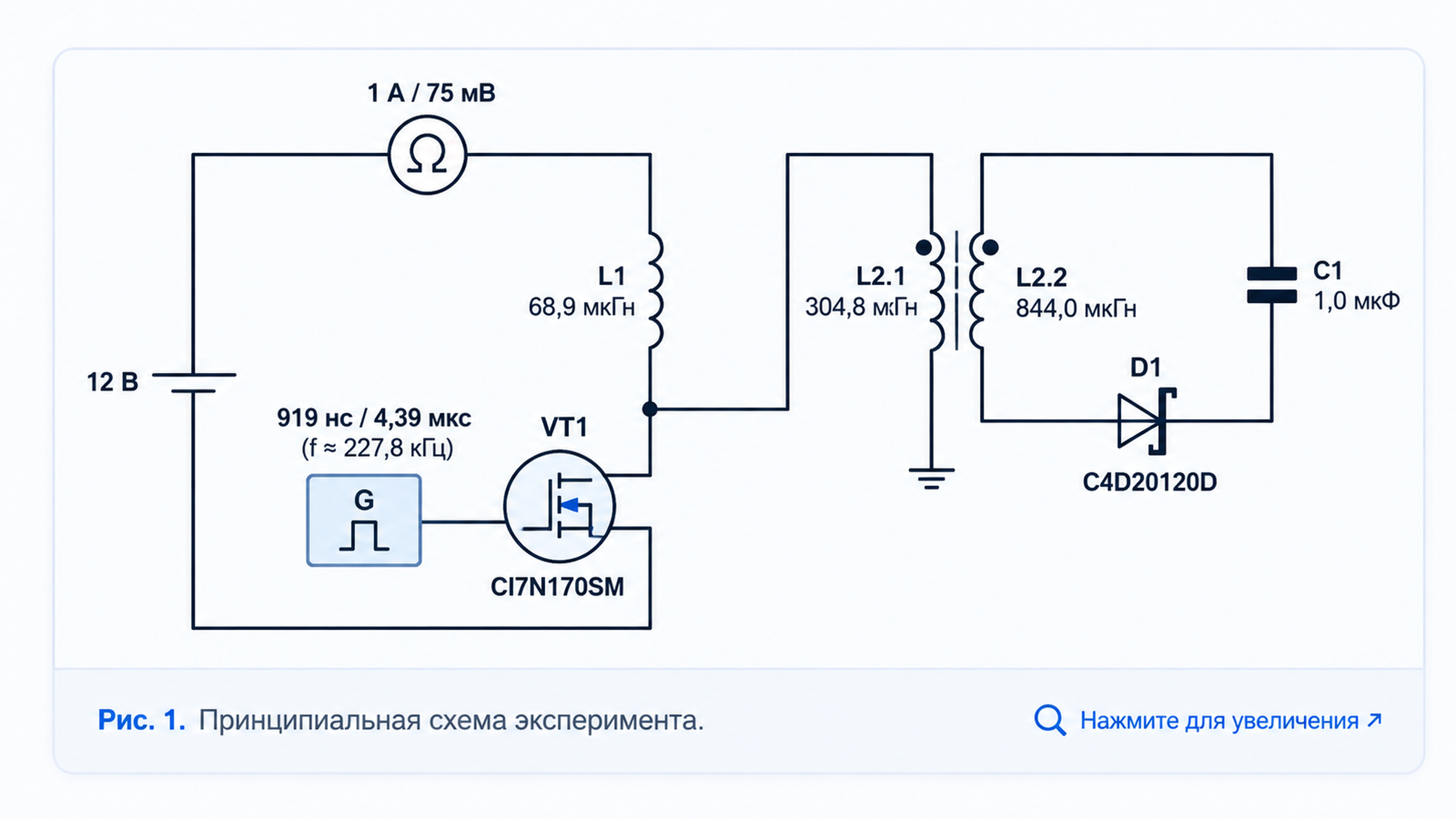 Принципиальная схема эксперимента: 12 В, L1, VT1, L2, D1 и C1